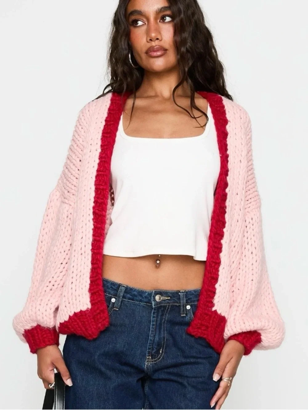 New Princess Polly Lester Chunky Knit Cardigan Sweater Pink Red M / L Oversized
